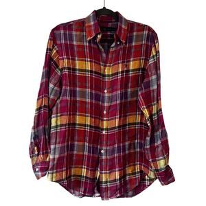 Ralph Lauren Shirt Mens Medium Multicolor Plaid 100% Linen Long Sleeve Button Up